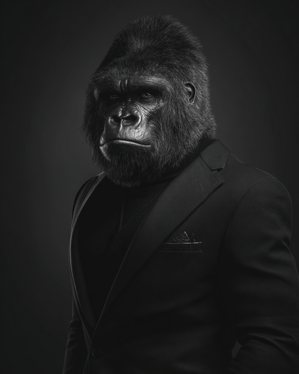 MIK & MIA Markengesicht: Gorilla im eleganten schwarzen Anzug, ruhiger und selbstbewusster Blick